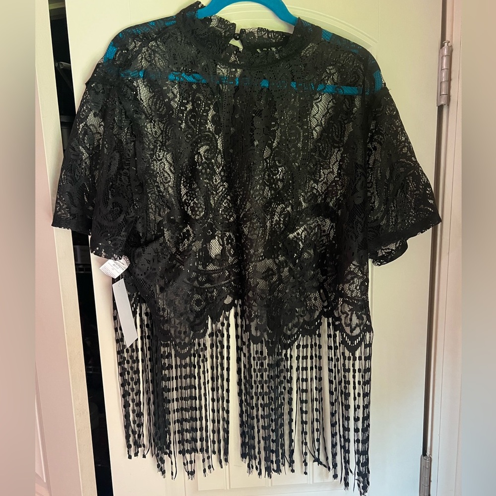 Lace Fringe Mesh Women’s Shirt Crop Top, Plus Size, Fits Like 2 or 3 XL, Black